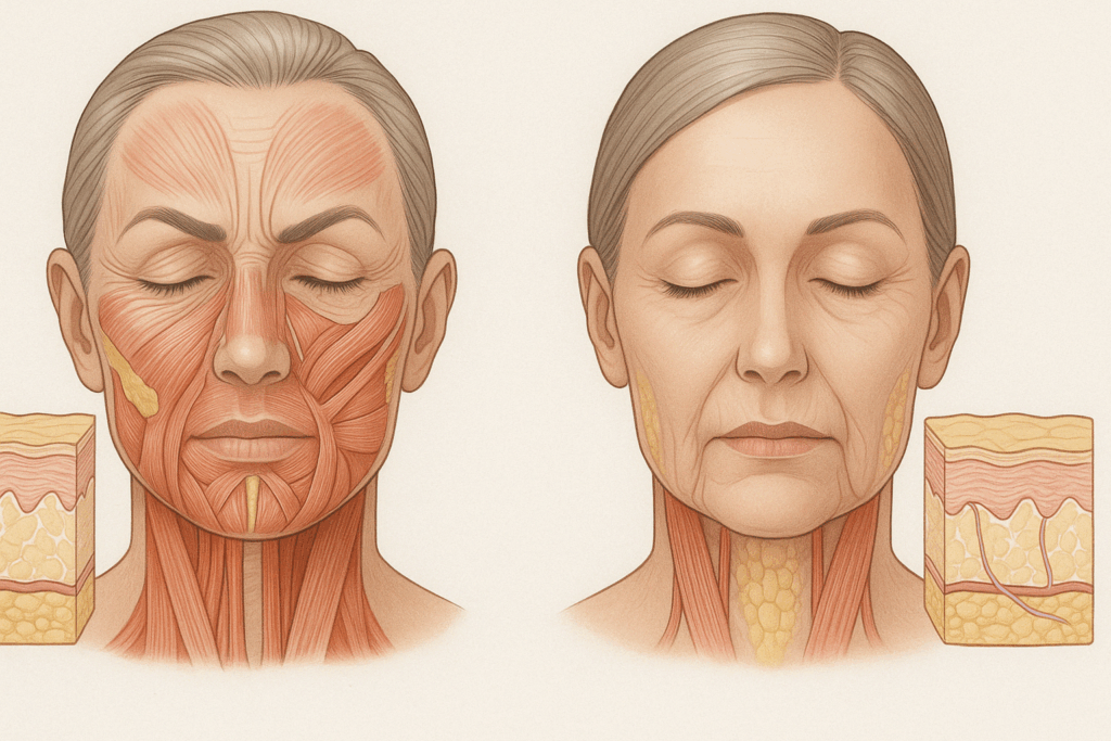Medical diagram comparing two types of face wrinkles, showing muscle-induced dynamic lines and static folds on an aging face.