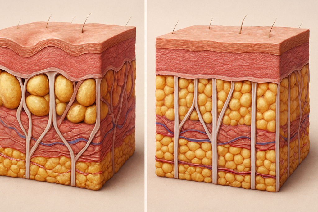 Cross-sectional anatomical illustration comparing female skin with cellulite to male skin without cellulite, highlighting fat cell structure and connective tissue differences—ideal for visualizing cellulite treatment before and after.