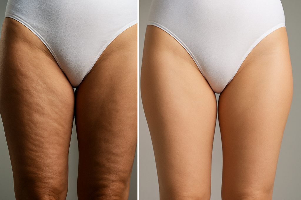 Split-screen comparison of the same woman's thighs showing cellulite treatment before and after under different lighting conditions.
