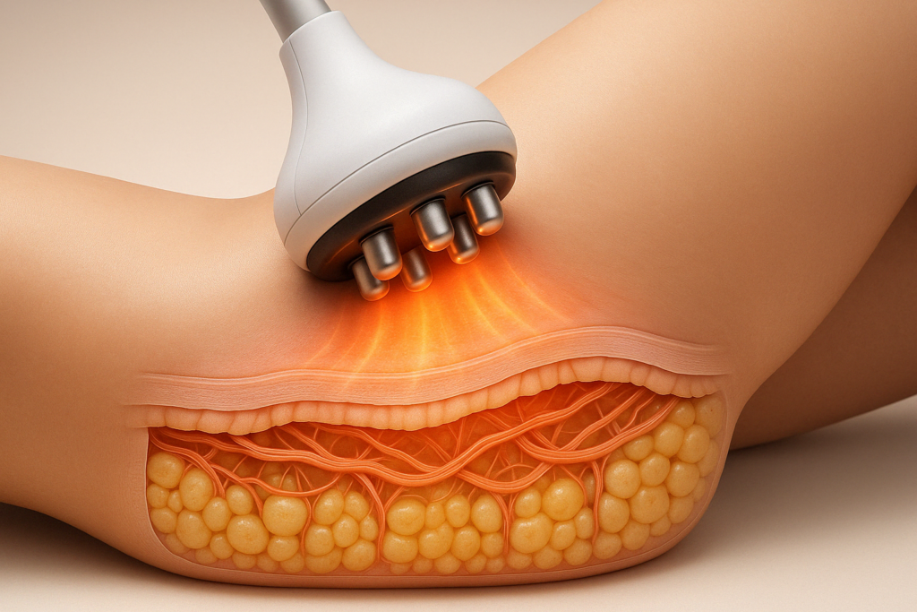 Medical visualization of cellulite treatment before and after using radiofrequency on the thigh, showing skin tightening and collagen remodeling