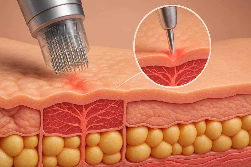 3D visualization of cellulite treatment before and after showing microneedling on thigh skin with collagen regeneration and smoother texture