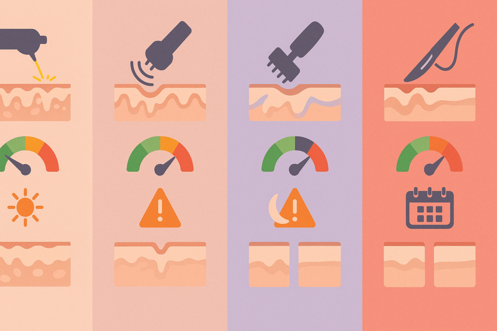 Infographic comparing cellulite treatment before and after effects of laser therapy, radiofrequency, microneedling, and surgery using icons for invasiveness, downtime, and skin outcomes