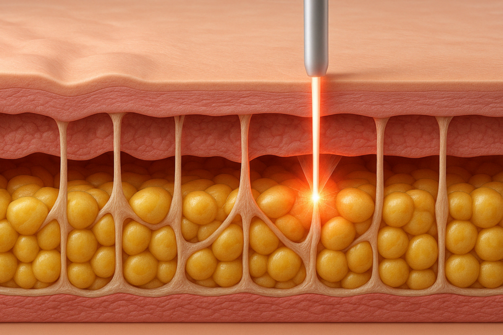 Cross-sectional medical illustration showing cellulite treatment before and after with laser fiber breaking fibrous bands and smoothing skin texture.