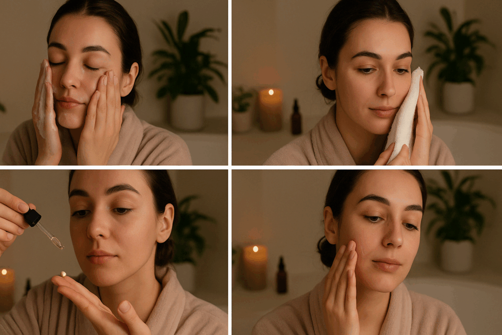 Step-by-step nighttime skincare routine showing when should you start using retinol, including cleansing, serum application, and moisturizing