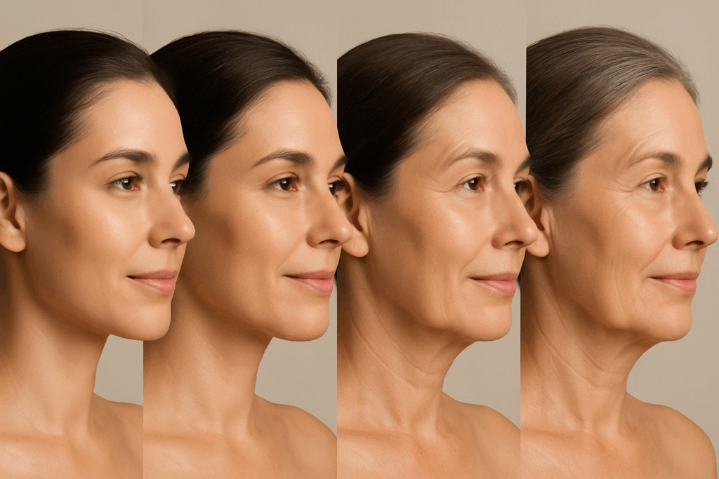Woman’s facial profile aging from mid-20s to 50s with smooth, radiant skin maintained over time, illustrating when should you start using retinol.