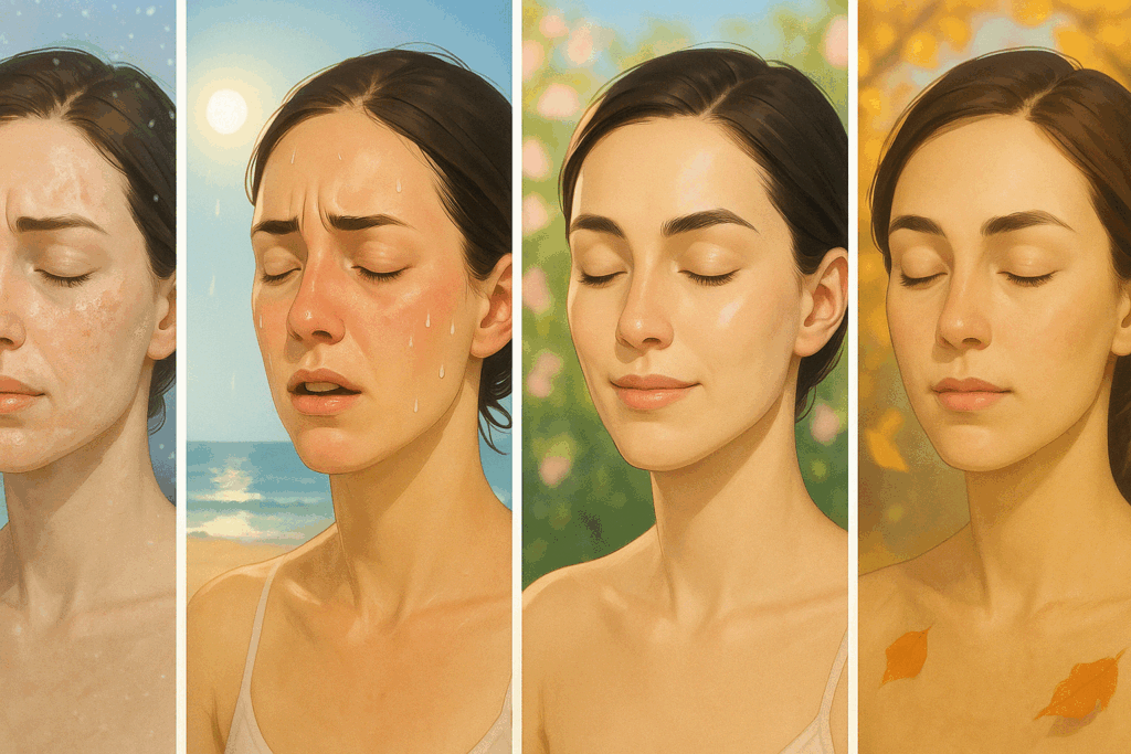 Four-panel illustration showing how skin reacts to retinol in winter, summer, spring, and autumn, helping answer when should you start using retinol