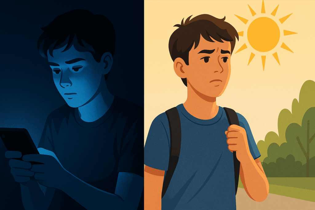 Teen exposed to blue light from a phone and harsh sun without sunscreen, illustrating why do I have forehead wrinkles at 16.