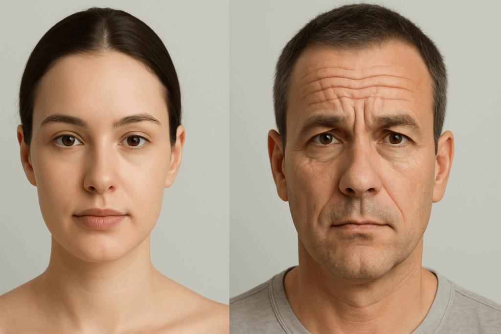 Side-by-side comparison of two adults, one with smooth skin and one with visible forehead lines, illustrating genetic and lifestyle factors behind why do I have forehead wrinkles at 16