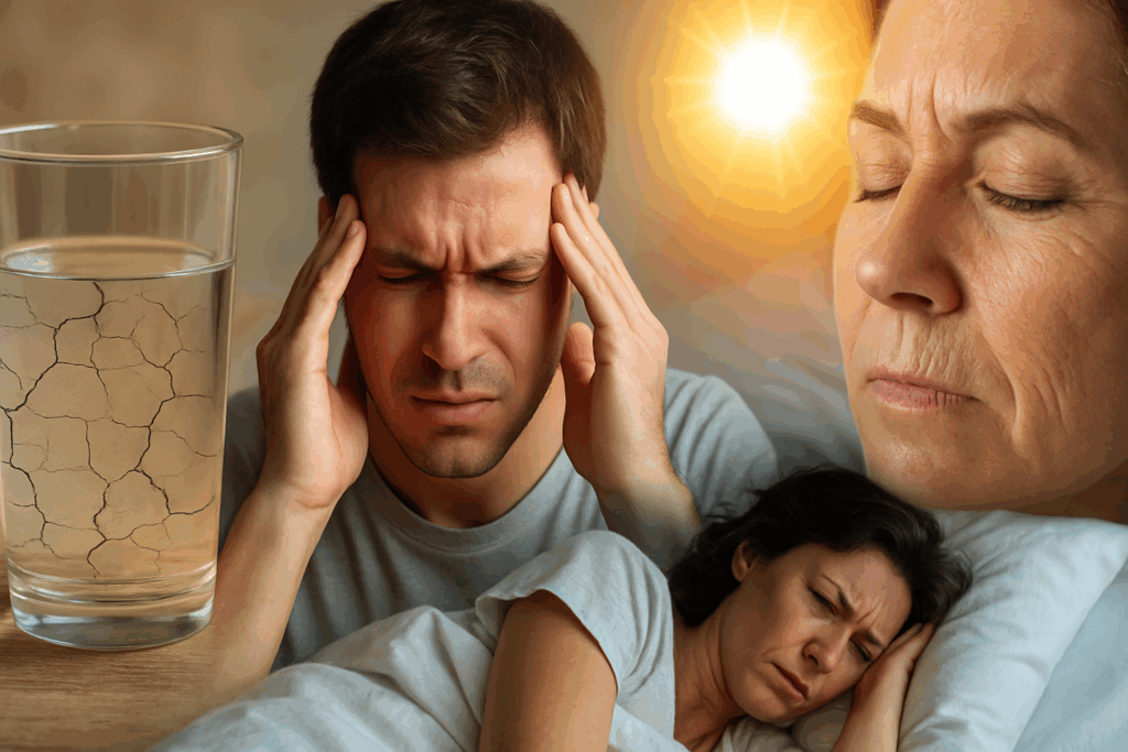 Collage showing reasons for sudden wrinkles: dehydrated water glass, stressed man, sun-damaged skin, and restless sleep—answering why do I suddenly have wrinkles.
