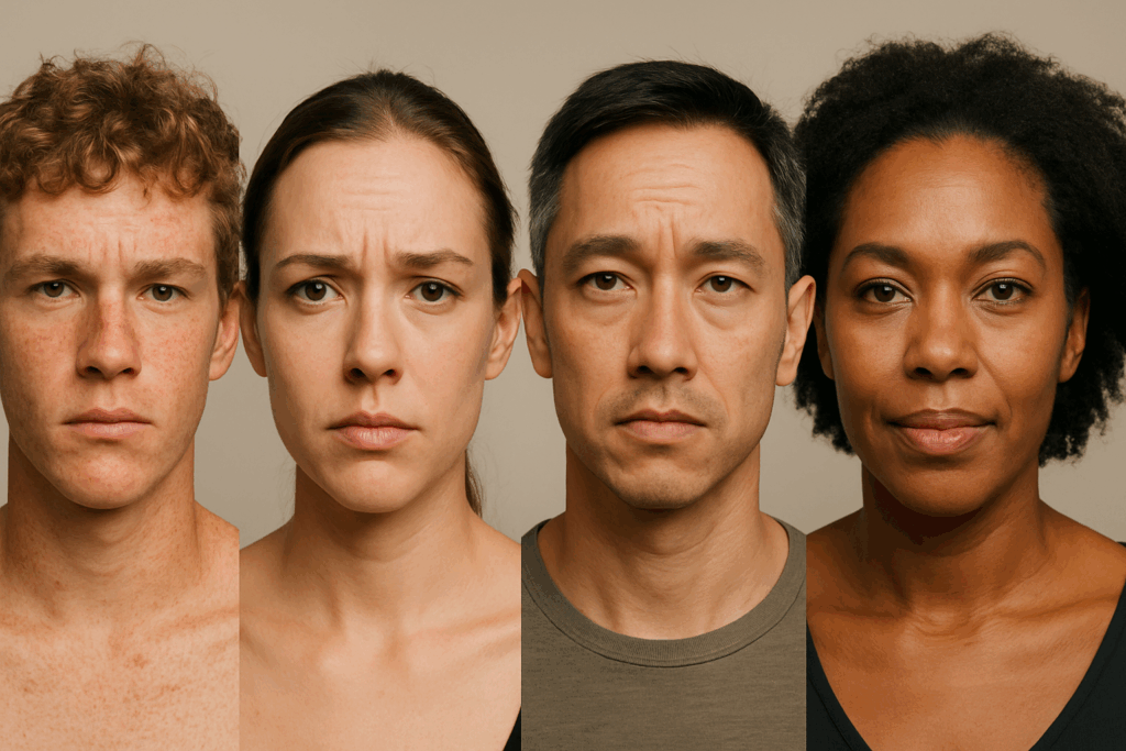 Diverse individuals of different ages and ethnicities showing varying facial lines, challenging assumptions about why do I suddenly have wrinkles