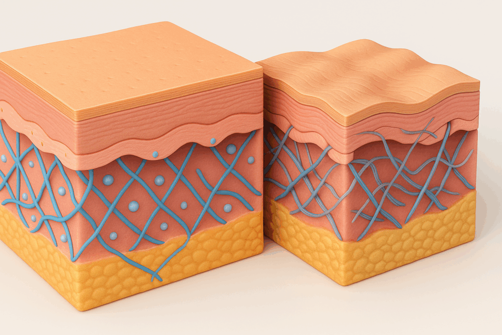 3D cross-section comparing youthful and aged skin, illustrating collagen loss and thinning dermis that explain why do I suddenly have wrinkles.