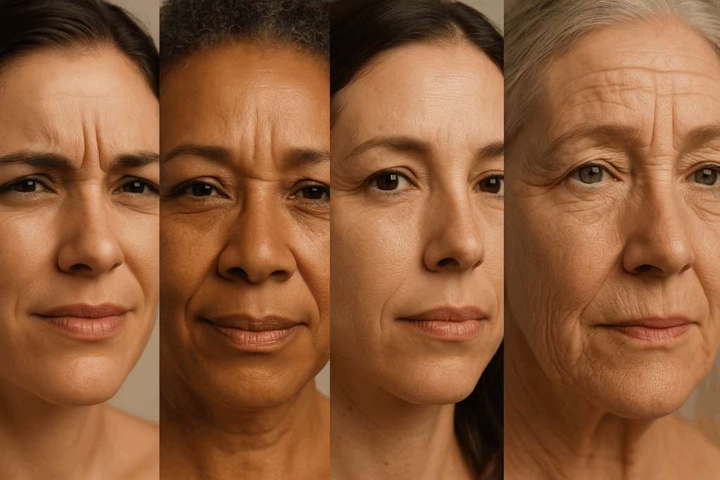 Four diverse faces showing dynamic, static, fine, and deep wrinkles to illustrate why do I suddenly have wrinkles.