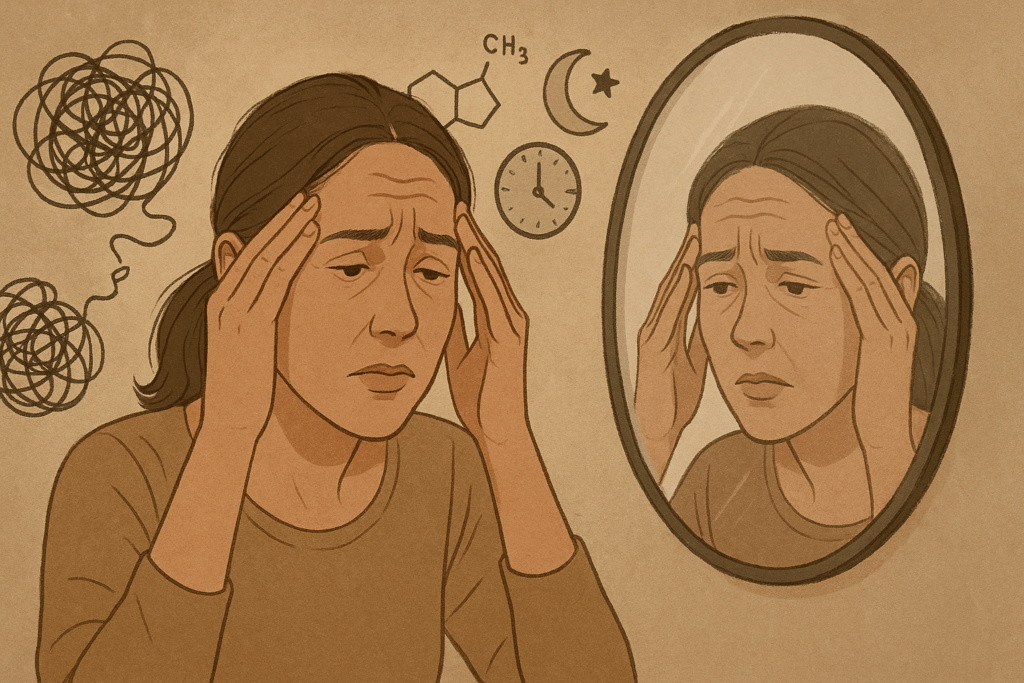 Woman examining forehead lines in mirror with visual metaphors of stress, symbolizing causes behind why do I suddenly have wrinkles.