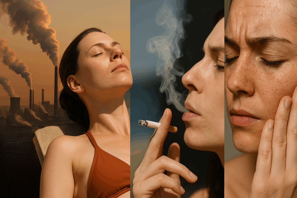 Woman exposed to pollution, UV rays, cigarette smoke, and harsh exfoliation—environmental triggers linked to why do I suddenly have wrinkles