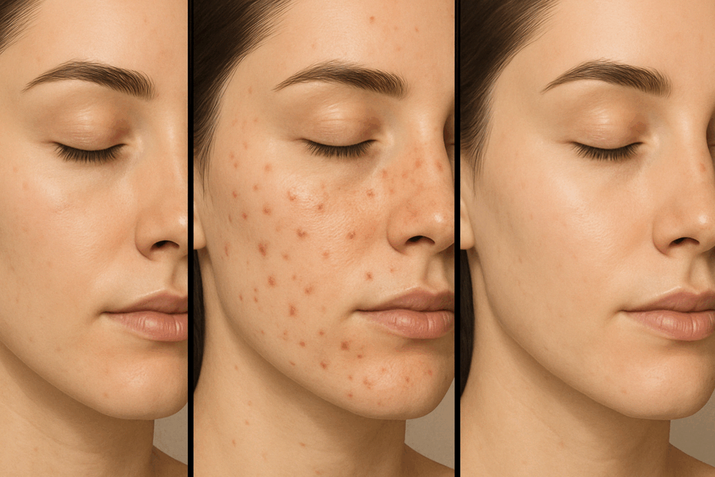 Side-by-side progression of a woman’s face showing why does retinol cause acne, from clear skin to purging phase with breakouts, then healed smooth skin.