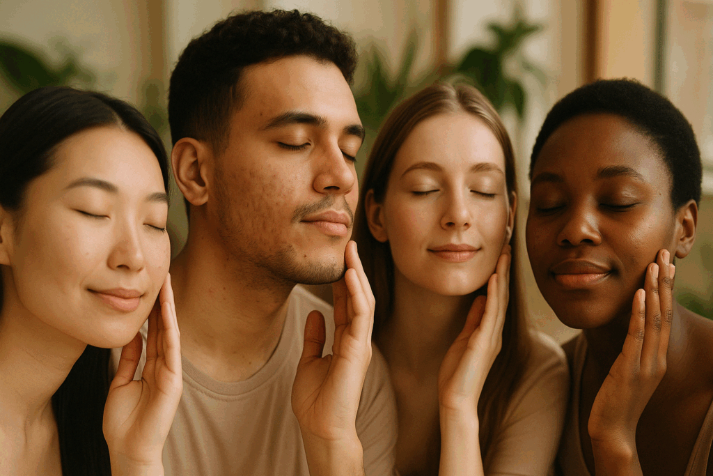 Diverse group of people with various skin tones gently touching their faces in a wellness setting, representing skin progress and the question why does retinol cause acne.