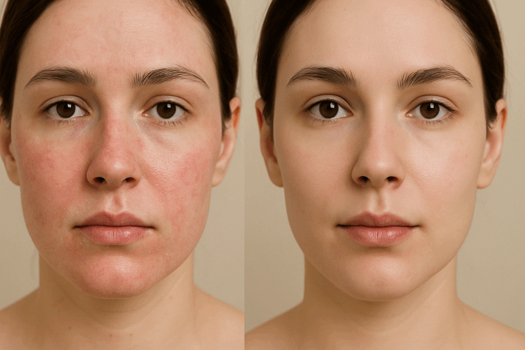 Side-by-side comparison of a woman’s face showing irritated, red, flaky skin from retinol on one side and calm, healthy skin on the other, illustrating why does retinol cause acne.