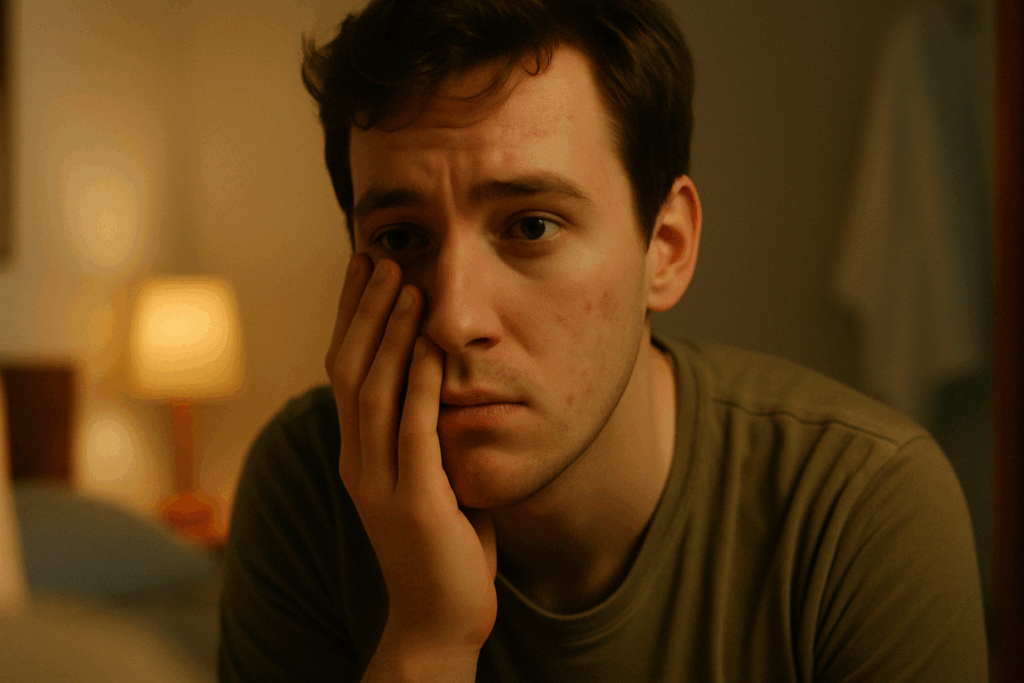 Young man with blemished skin gazing into a mirror, illustrating emotional impact and raising the question why does retinol cause acne.