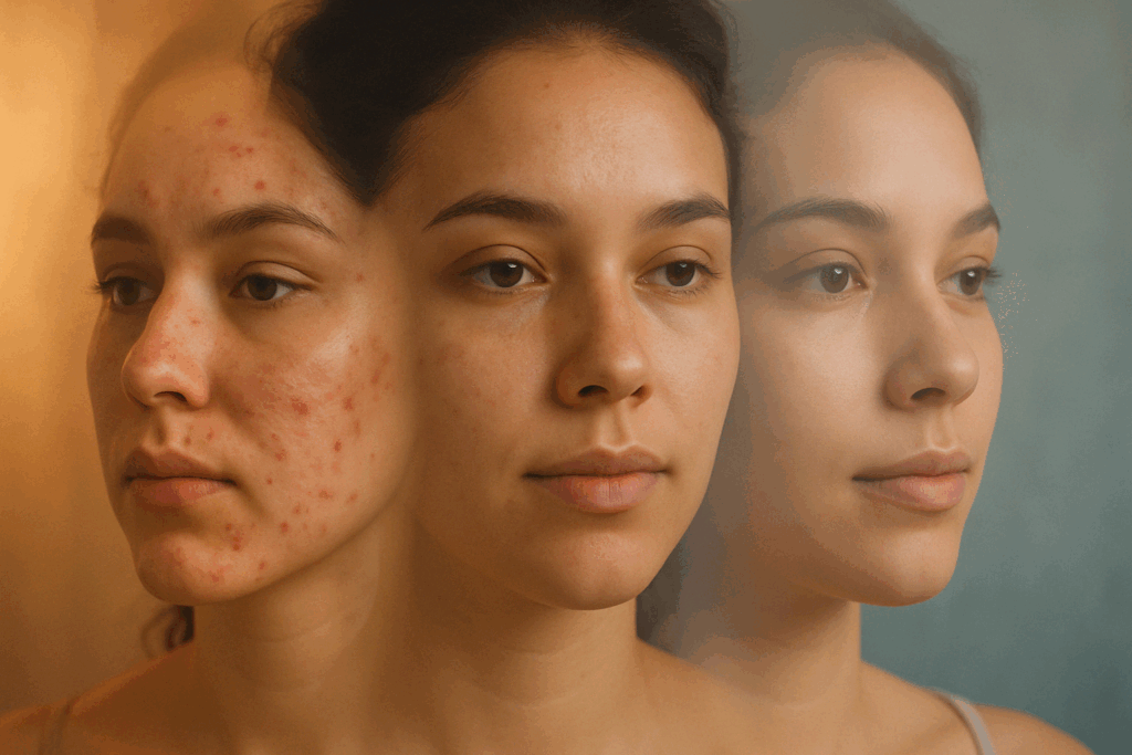 Time-lapse concept of a woman’s face progressing from breakouts to clear skin, symbolizing skin purging and healing stages related to why does retinol cause acne.