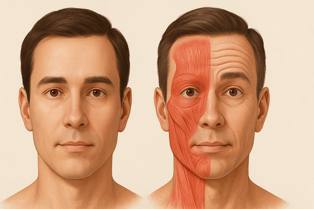 Split-view illustration showing relaxed forehead versus contracted frontalis muscle with visible forehead wrinkles when raising eyebrows