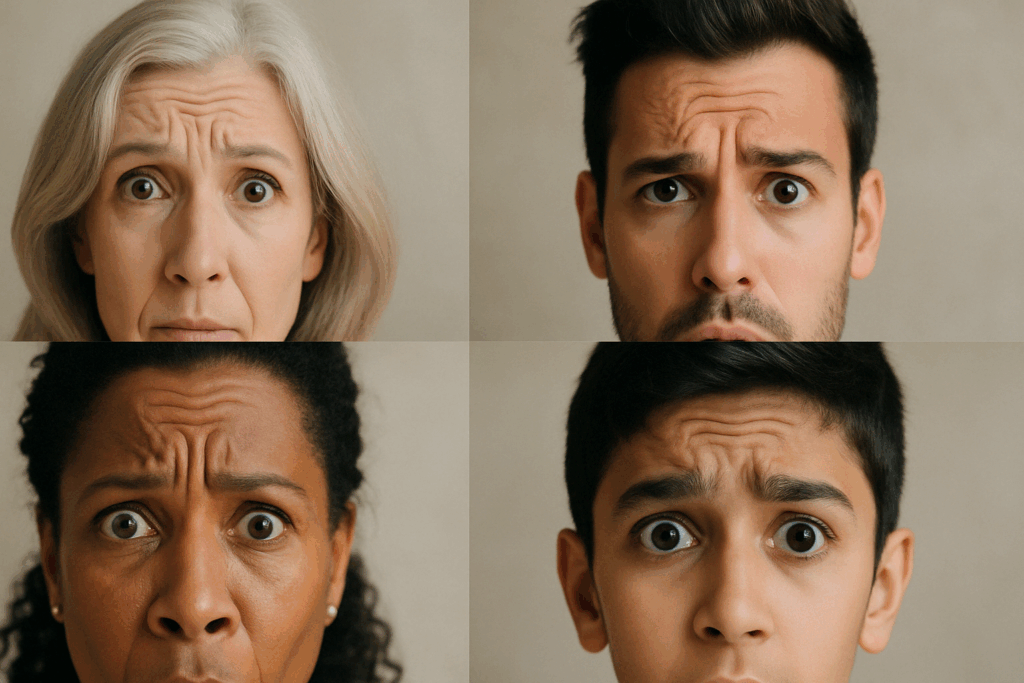 Diverse group of people showing forehead wrinkles when raising eyebrows, highlighting natural expression lines across ages and skin tones.