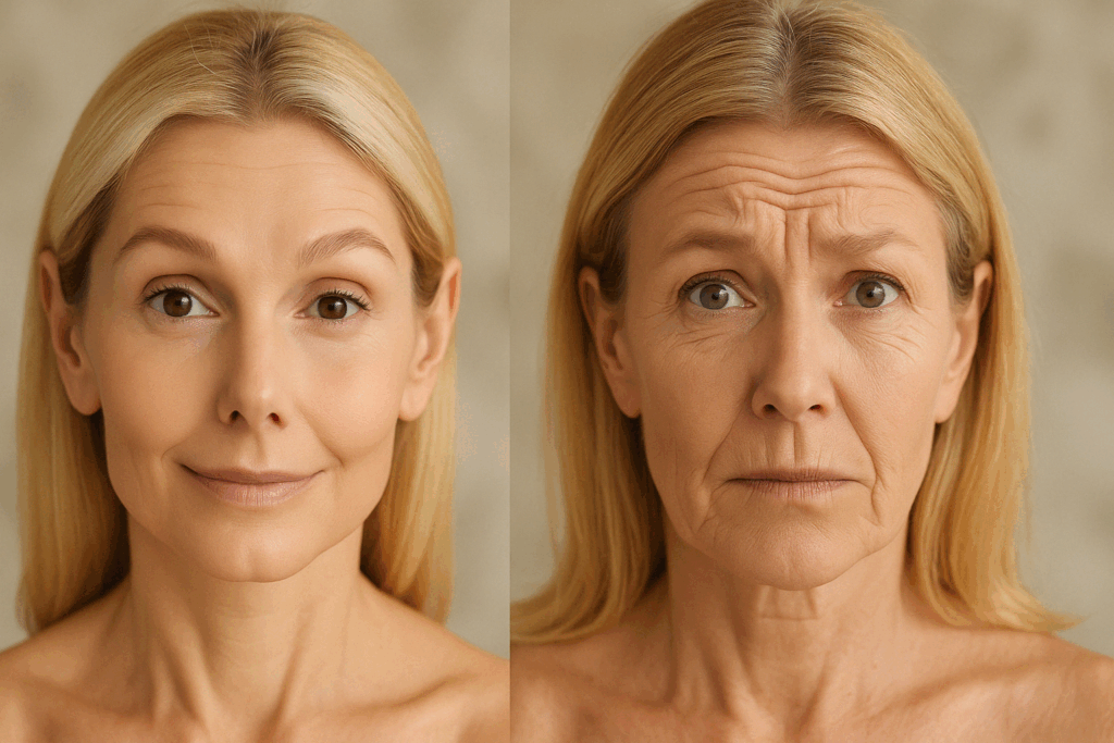Side-by-side comparison of two women showing the effects of forehead wrinkles when raising eyebrows, one with smooth skin and one with pronounced lines