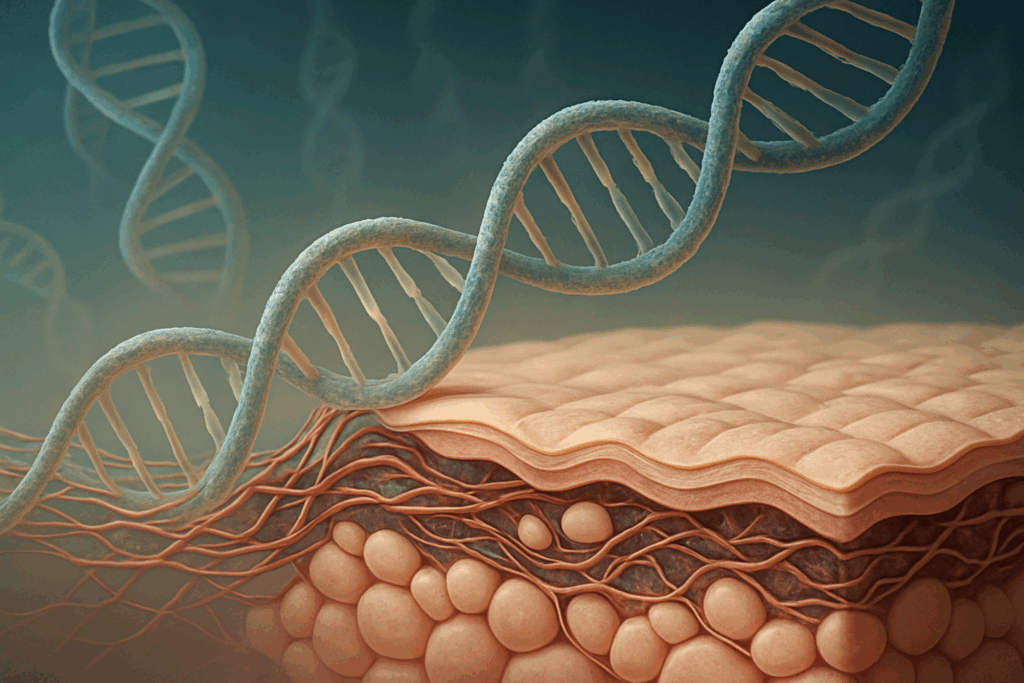 Scientific illustration showing DNA strands merging into skin layers, symbolizing genetic influence on forehead wrinkles when raising eyebrows