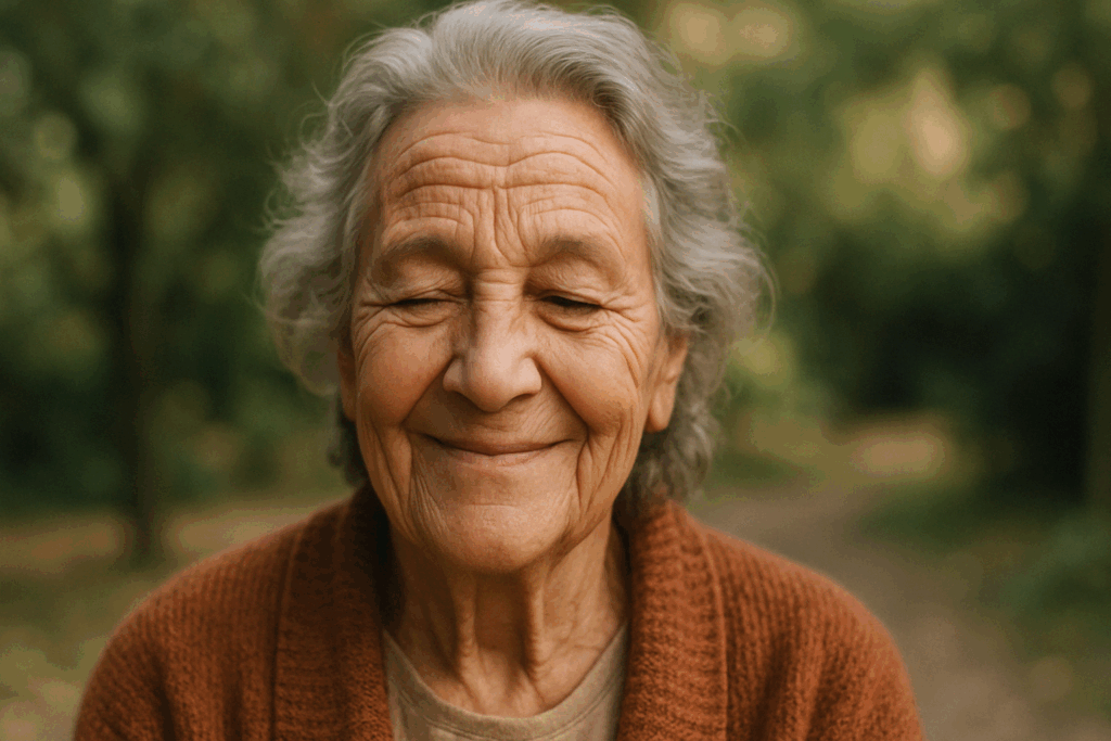 Elderly woman smiling peacefully outdoors with visible forehead wrinkles when raising eyebrows, captured in warm natural light.