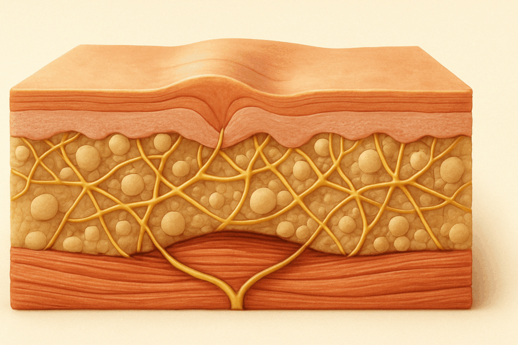 Cross-sectional illustration of facial skin layers showing how muscle movement and collagen loss contribute to forehead lines in your 20s.