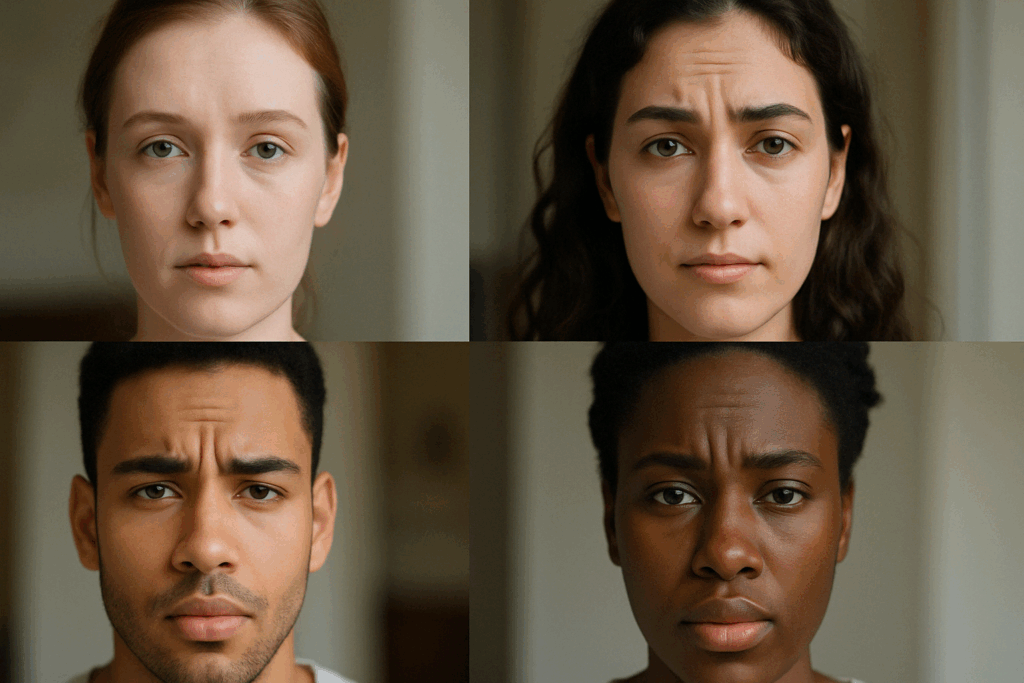 Young adults of diverse ethnicities showing varying levels of forehead lines in your 20s under natural light