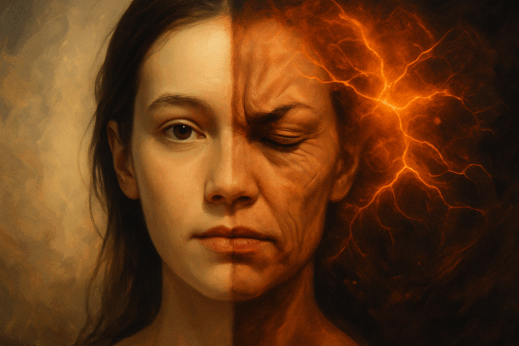 Split-face portrait of a young woman showing stress effects, with visible forehead lines in your 20s and glowing neural stress patterns on one side.