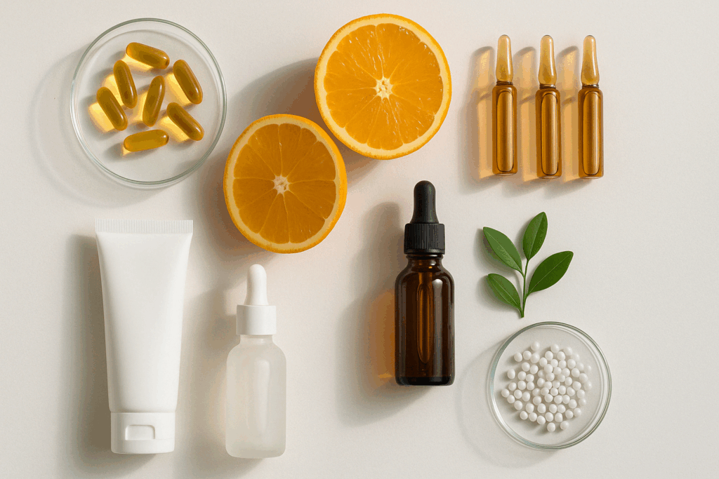 Aesthetic flat-lay of skincare serums, vitamin C, peptides, and bakuchiol leaves used to reduce forehead lines in your 20s