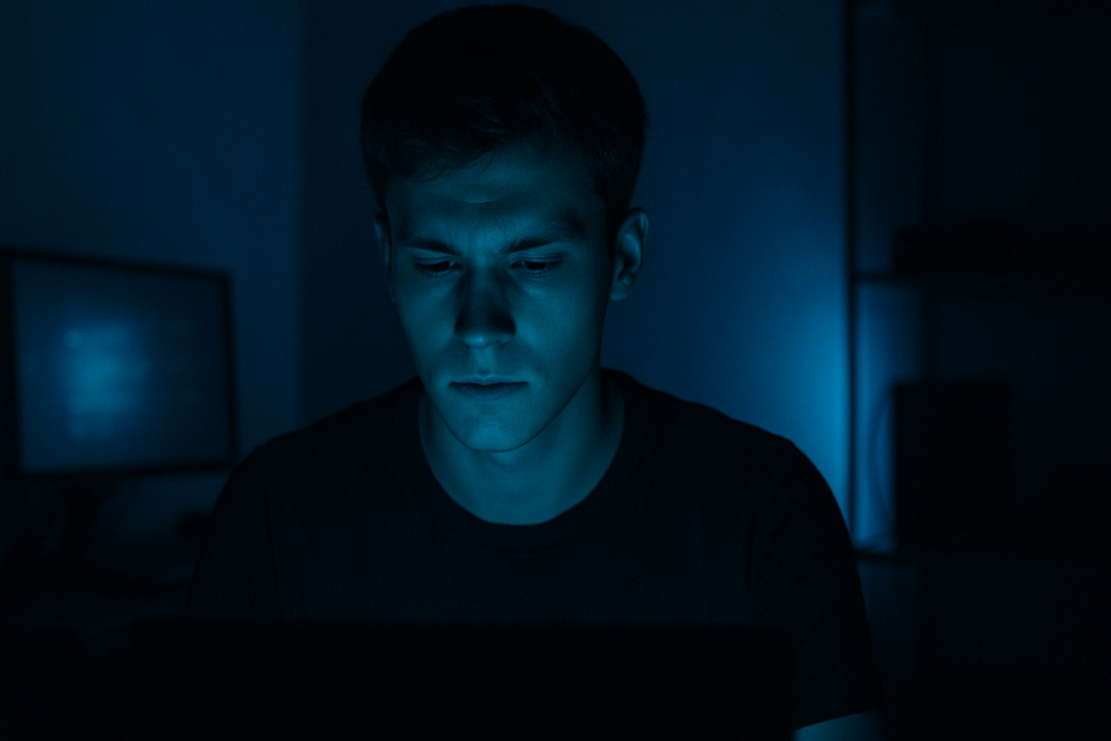 Young adult man in his twenties sitting in a dark room, face lit by blue screen glow, showing subtle forehead lines in your 20s.
