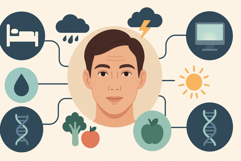 Infographic showing factors that influence forehead lines in your 20s, including sleep, stress, and sun exposure.