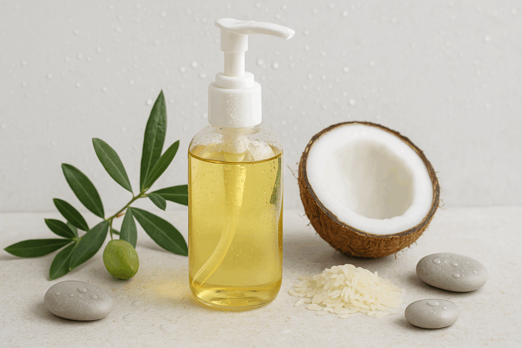 Clear pump bottle of oil-based cleanser surrounded by olive leaves, coconut, rice, and smooth pebbles in a spa-like setting, representing Step 1 in a 10 step Korean skin care kit for deep cleansing and hydration.