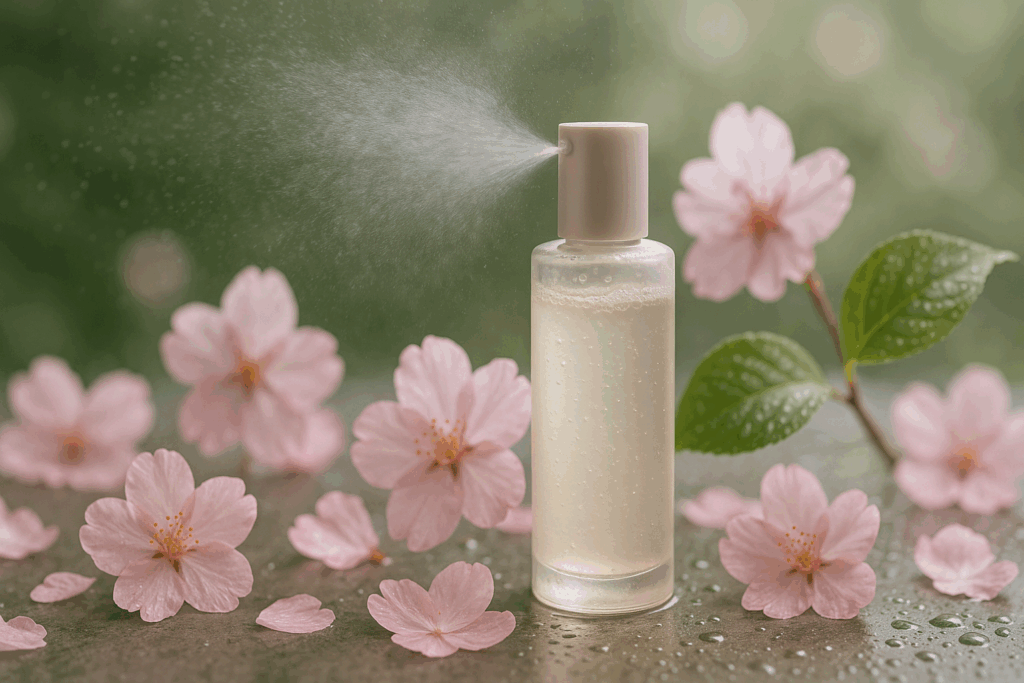 Step 5 of the 10 step Korean skin care kit featuring a hydrating essence bottle misting delicate cherry blossom petals and dew-covered leaves, symbolizing deep skin hydration and rejuvenation