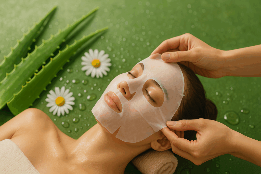 Step 7 of a 10 step Korean skin care kit, featuring a hydrating sheet mask application surrounded by aloe leaves, chamomile flowers, and water droplets for deep moisture infusion