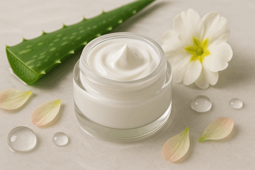 Moisturizer jar surrounded by fresh aloe vera, hyaluronic acid droplets, and flower petals, symbolizing hydration and smoothness as part of a 10 step Korean skin care kit