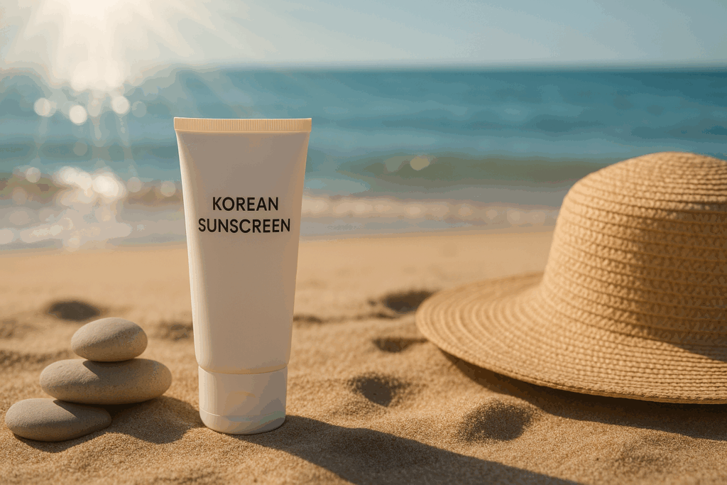 Korean sunscreen from a 10 step Korean skin care kit placed on a beach with smooth stones, a sun hat, and reflective water under sunlight