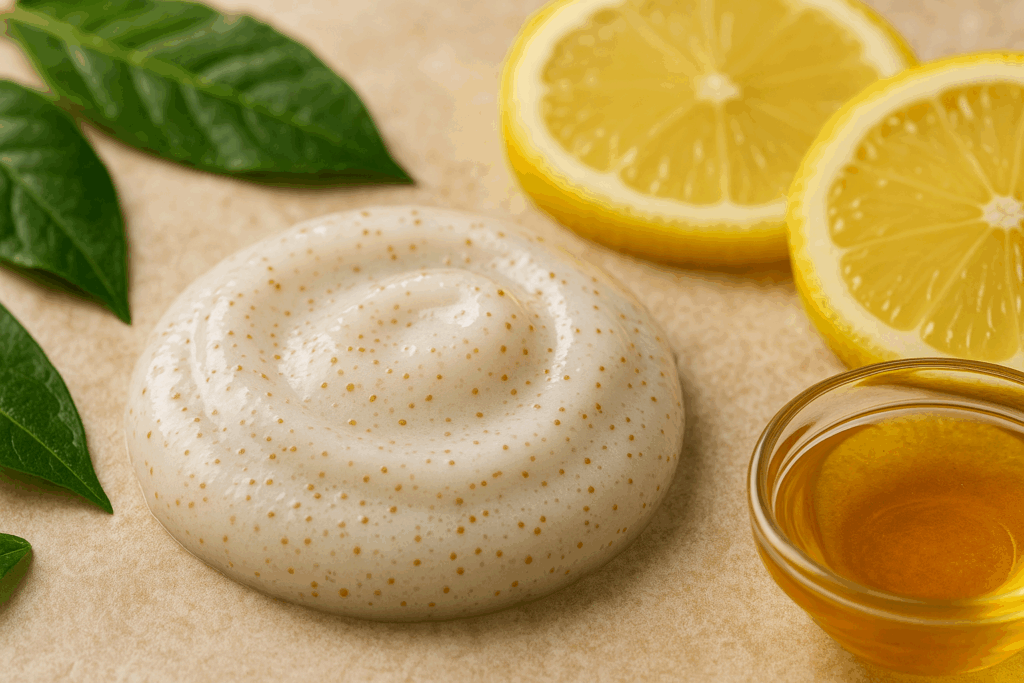 Gentle exfoliating scrub with visible microbeads, surrounded by green tea leaves, lemon slices, and honey—ideal for a 10 step Korean skin care kit