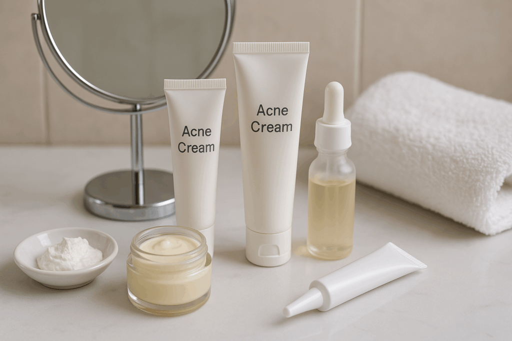 Bathroom counter with pimple creams, resorcinol serum, zinc oxide paste, and sulfur cream arranged for acne treatment for sensitive skin