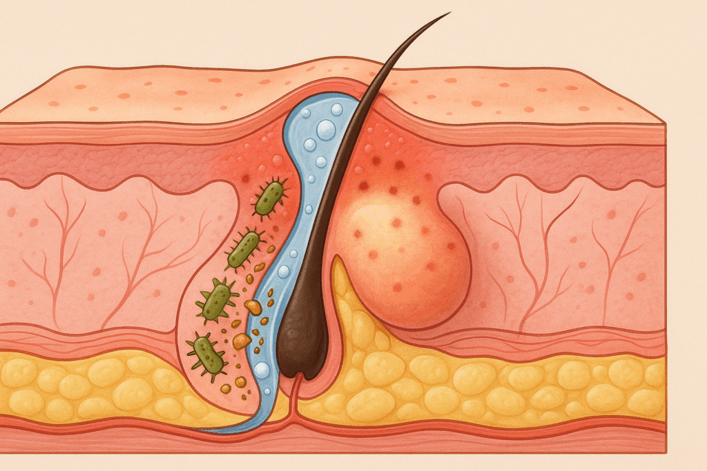 Cross-sectional diagram of facial skin showing benzoyl peroxide before and after effects on acne bacteria, pore cleansing, and inflammation.
