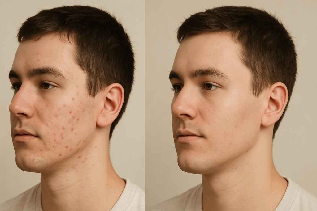 Side-by-side comparison of the same young man showing visible acne on the left and clearer skin on the right after benzoyl peroxide before and after treatment.