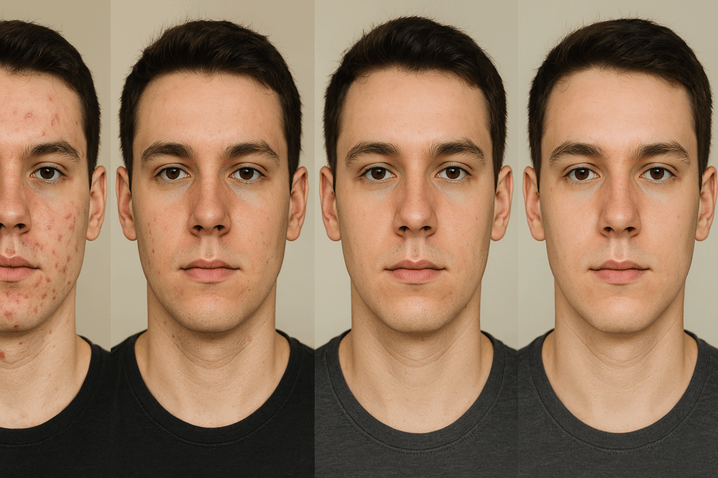 Time-lapse of a young man's face showing benzoyl peroxide before and after results from week 1 to week 6 with gradual acne improvement