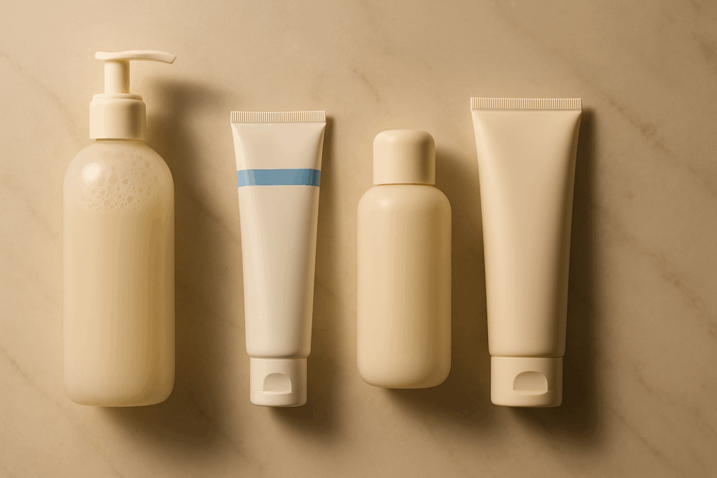 Flat lay of a nighttime skincare routine with gentle cleanser, benzoyl peroxide tube, moisturizer, and sunscreen on marble, illustrating benzoyl peroxide before and after care.