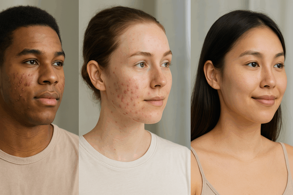Three individuals of different ethnicities and skin types showing benzoyl peroxide before and after acne treatment results in natural daylight
