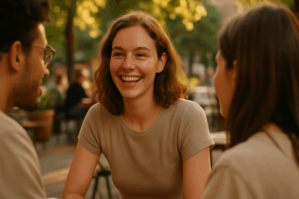 Smiling young woman with clear, makeup-free skin socializing at a sunny café, representing benzoyl peroxide before and after confidence.