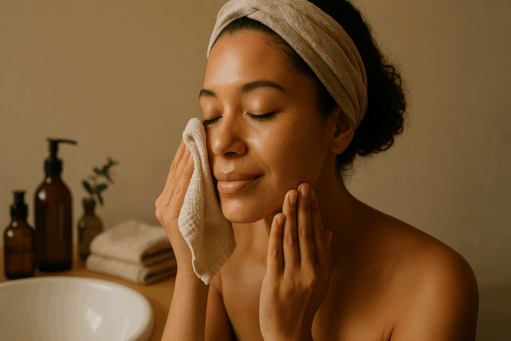 Woman cleansing her face with a soft cloth and oil cleanser as part of a 3 step face care routine in a natural, softly lit bathroom.