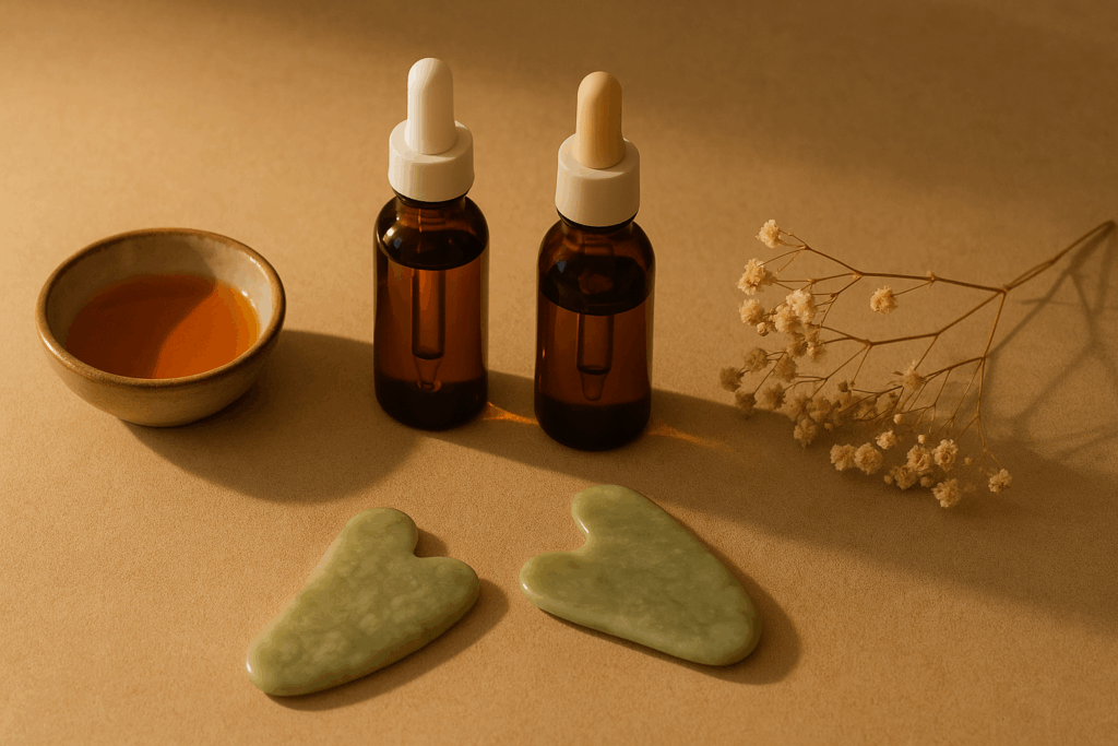 Botanical serums, jade gua sha tools, and rosehip oil arranged on a warm-toned surface, illustrating step two of a 3 step face care ritual.