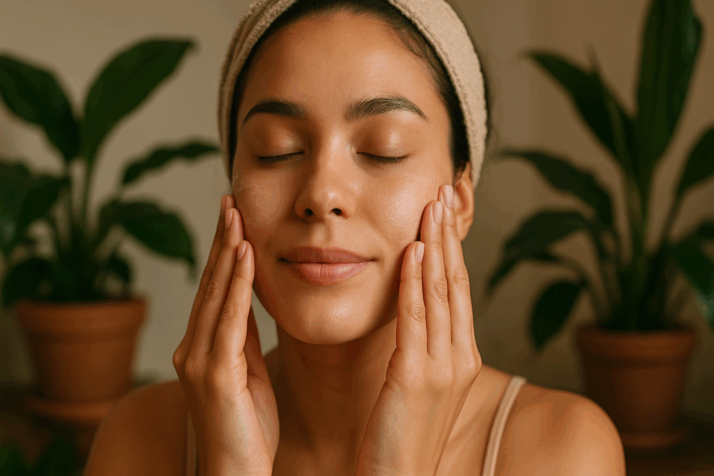 Woman applying moisturizer in the final step of her 3 step face care routine, surrounded by indoor plants and soft lighting.